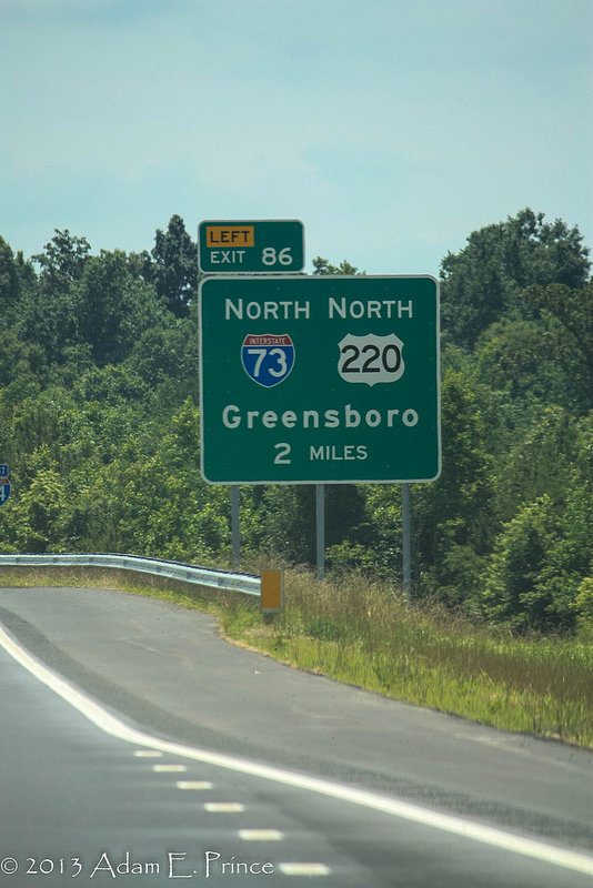 Image of signage for I-73/US 220 freeway on newly opened I-74 
    freeway near Randleman, by Adam Prince