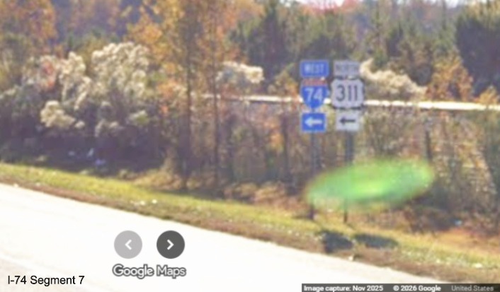 Image of I-74 West and US 311 North trailblazers in Randolph County, Google 
	  Maps Street View, November 2025