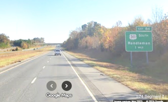 Image of remaining 1 mile advance sign US 311 South exit in Randolph County, 
	  Google Maps Street View, November 2025