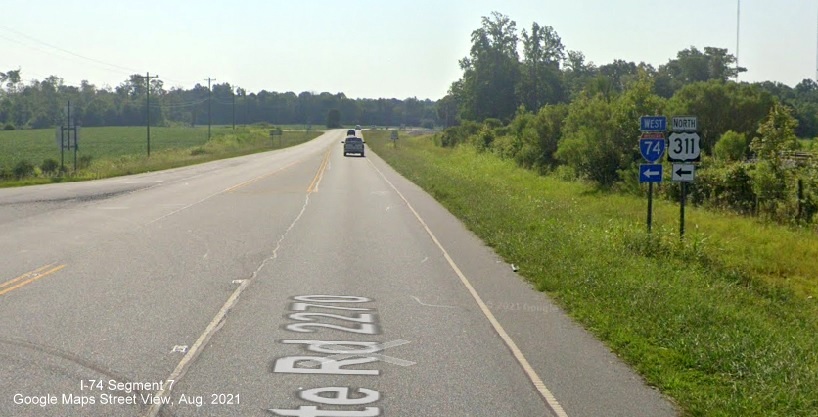 I-74 and US 311 trailblazers at ramp to I-74 West in Randolph County, Google Maps Street View, 
        August 2021