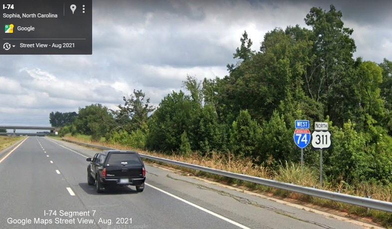 I-74 West and US 311 North reassurance markers in Randolph County, Google Maps Street View, 
        August 2021