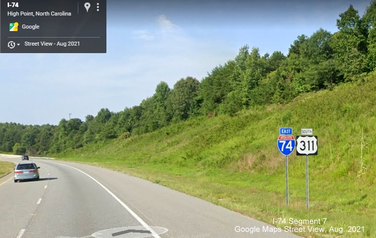 I-74 East and US 311 South reassurance markers in Randolph County, Google Maps Street View, 
        August 2021