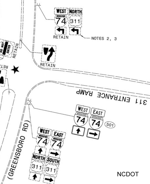 Image of NCDOT sign plan for I-74 trailblazers at site of new Greensboro Rd interchange in High Point