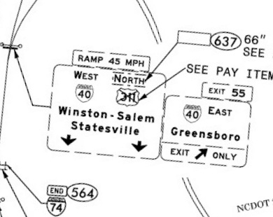 Image of NCDOT plan for updated signs at I-74 west interchange with I-40 east of Winston-Salem
