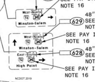 Image of NCDOT sign plan for modified ramp signag for I-74 at Union Cross Road interchange in Forsyth County