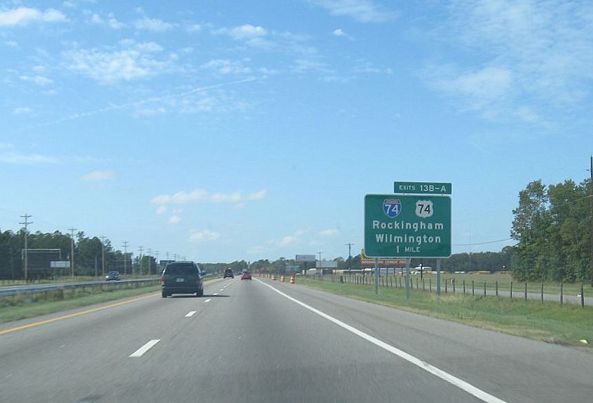 Photo of second exit sign for I-74/US 74 on I-95 South near Lumberton, Oct. 
2008