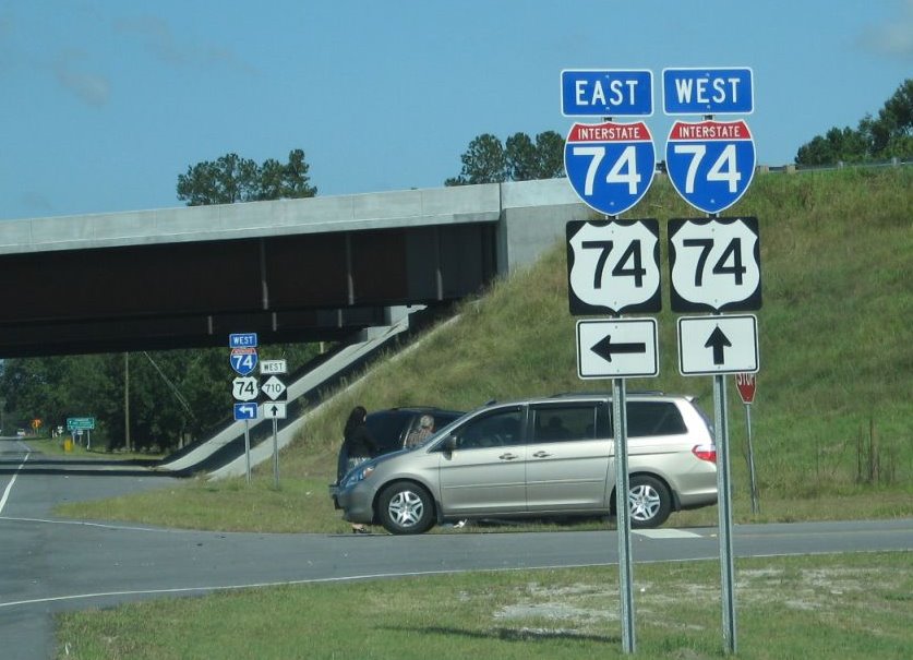 Photo of I-74 ramps in both directions now open at the NC 710 interchange 
near Pembroke, Oct. 2008