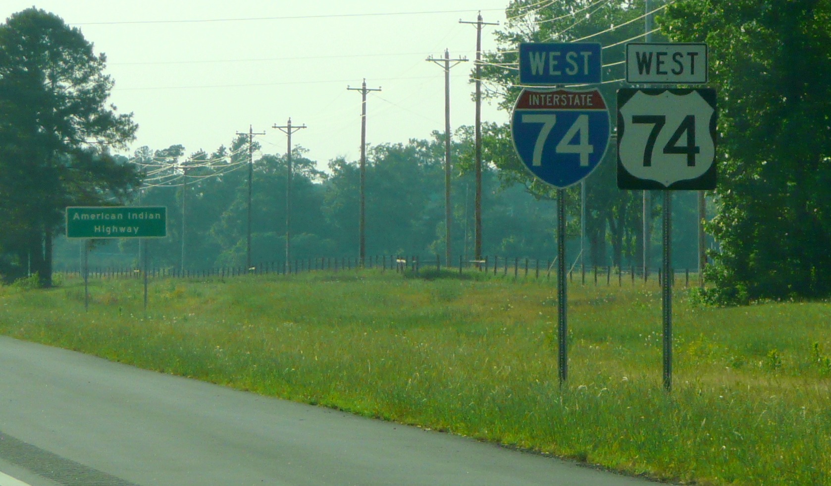 Photo of the first I-74/US 74 reassurance marker beyond the NC 41 exit near 
Lumberton in May 2009, courtesy of James Mast