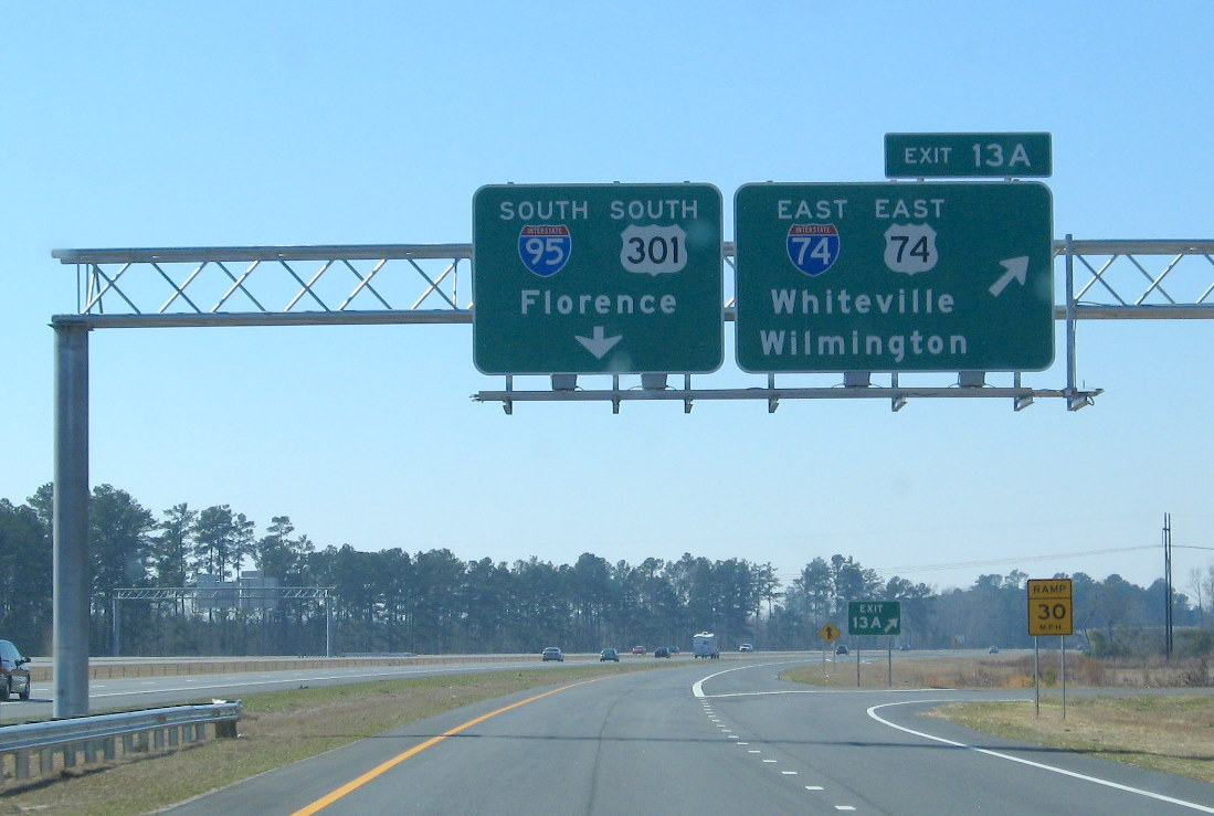 Photo of the East I-74/US 74 on-ramp from the I-95/I-74 interchange near 
Lumberton, Oct. 2008