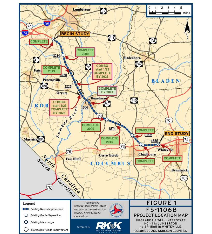 Map of US 74 showing current intersection, by NCDOT via Nick Zachetti