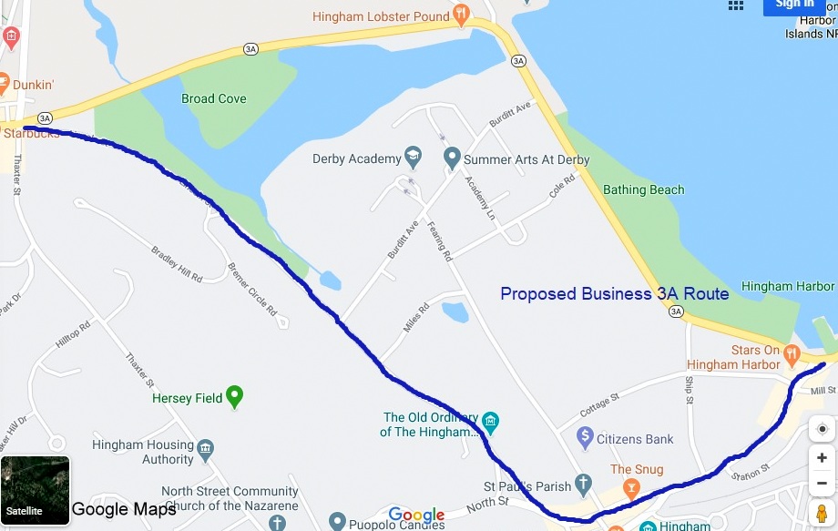 Google Maps image of proposed Business MA 3A route through downtown Hingham, created March 30, 2020