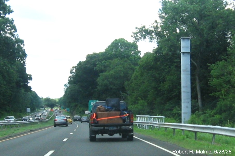 Image of support for future 1/2 Mile advance overhead sign for the CT 34 exits on CT 15
 North in Derby, June 2026