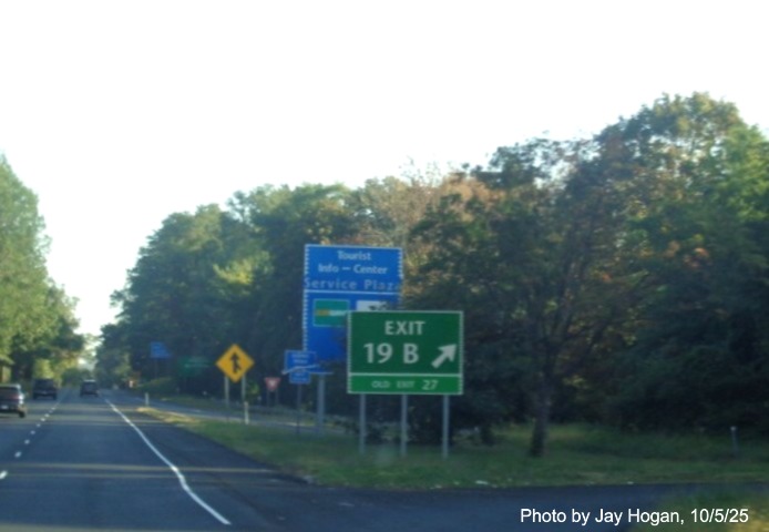 Image of gore sign for CT 120 exit, with new milepost based number on CT 15 North/Merritt Parkway 
 in Greenwich