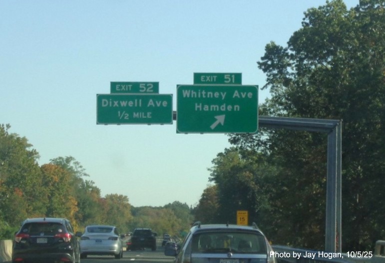 Image of overhead signs at the Whitney Avenue exit, with new milepost 
 based exit numbers on CT 15 North/Cross Parkway in Hamden, by Jay Hogan, October 2025