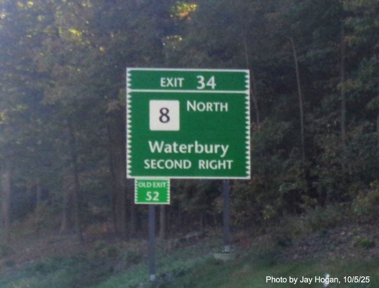 Image of 1/2 Mile advance sign for the CT 8 North exit, with new milepost based exit 
 number on CT 15 North/Merritt Parkway in Bridgeport, by Jay Hogan, October 2025