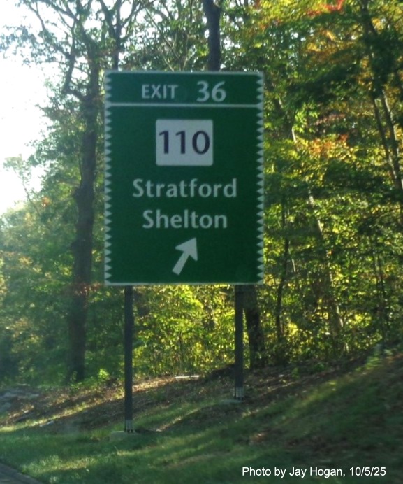 Image of 1 mile advance overhead sign for the CT 110 exit, with new milepost based exit 
 number and Old Exit 53 sign on support post on CT 15 North/Merritt Parkway in Stratford, by Jay Hogan, October 2025