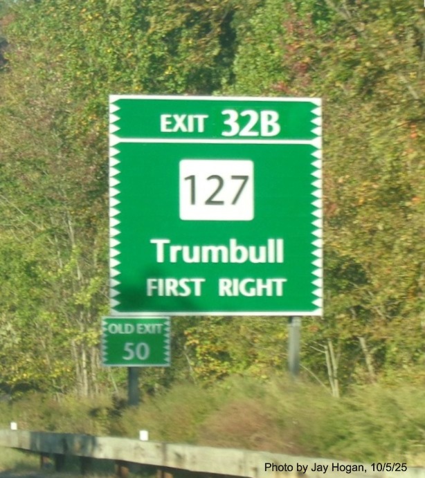 Image of ground mounted 1/2 Mile advance sign for the CT 127 exit, with new milepost 
 based exit number and Old Exit 50 sign on support post on CT 15 South/Merritt Parkway in Trumbull, by Jay Hogan, October 2025
