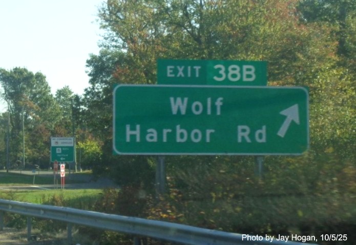 Image of ramp sign for Wolf Harbor Road exit, with new milepost based exit numbers on 
 CT 15 North/Cross Parkway in Milford, by Jay Hogan, October 2025