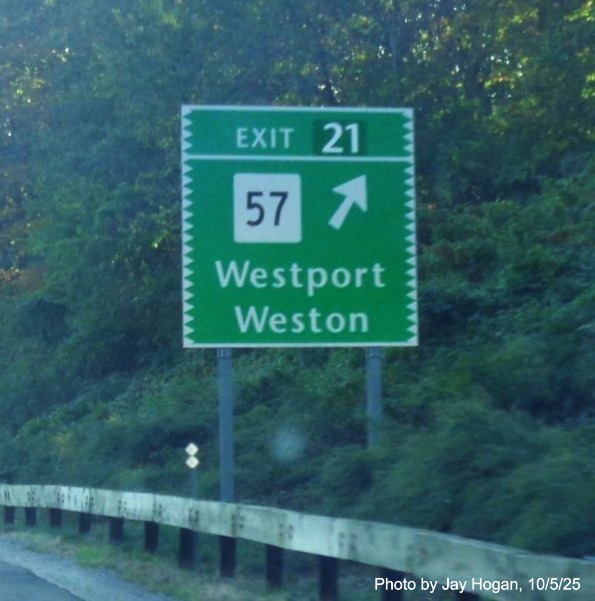 Image of the ground mounted ramp sign for the CT 57 exit, with new 
 milepost based exit number on CT 15 North/Merritt Parkway in Westport, by Jay Hogan, October 2025