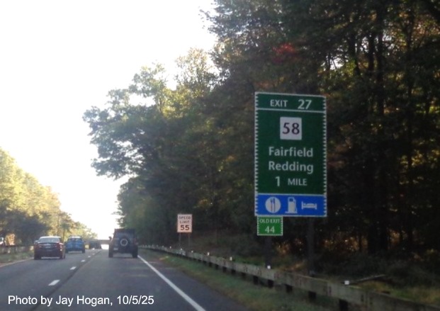 Image of 1 mile advance sign for the CT 58 exit, with new milepost based exit 
 number and Old Exit 44 sign on support post on CT 15 North/Merritt Parkway in Fairfield, by Jay Hogan, October 2025