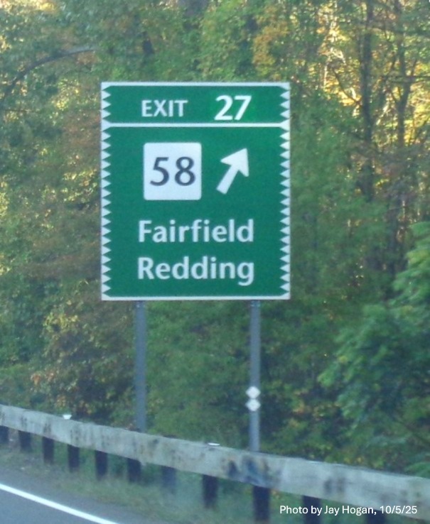 Image of 1 mile advance sign for the CT 58 exit, with new milepost based exit 
 number and Old Exit 44 sign on support post on CT 15 North/Merritt Parkway in Fairfield, by Jay Hogan, October 2025