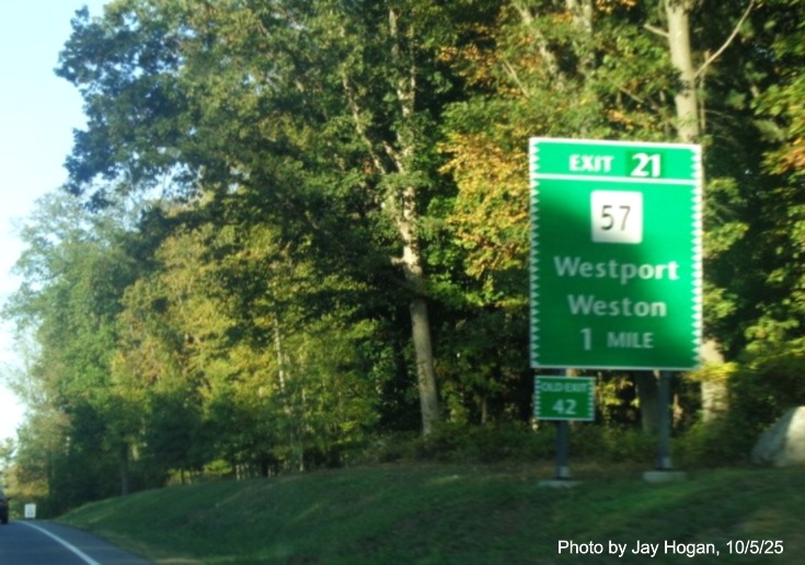 Image of the ground mounted ramp sign for the CT 57 exit, with new 
 milepost based exit number on CT 15 South/Merritt Parkway in Westport, by Jay Hogan, October 2025
