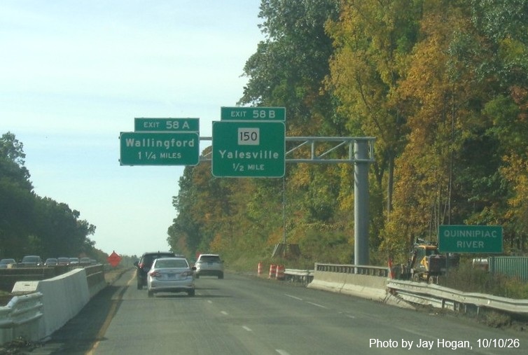 Image of new 1 1/4 miles and 1/2 mile overhead advance signs for the Wallingford and CT 150
 exits, placed in the fall of 2026 on CT 15 South/Cross Parkway in Wallingford, by Jay Hogan, October 2026