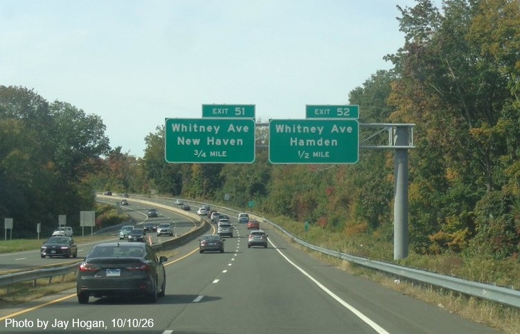 Image of new 3/4 and 1/2 mile overhead advance signs for the Whitney Avenue exits, placed 
 in the fall of 2026 on CT 15 South/Cross Parkway in Hamden, by Jay Hogan, October 2026
