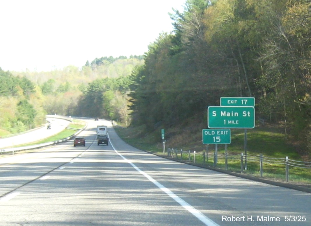 Image of ground mounted 1 mile advance sign for the South Main Street exit with new milepost 
	   based exit number and separate Old Exit 15 sign below on CT 2 West in Marlborough, May 2025