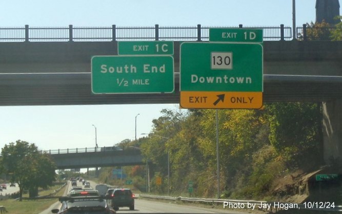 Image of overhead ramp sign for US 1 North exit with new milepost based exit number on CT 8/25 South in
Bridgeport, by Jay Hogan, October 2024