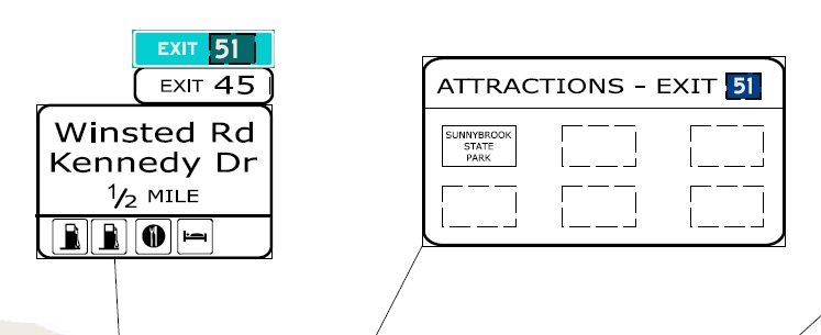 CTDOT sign plan images for renumbering of Winstead Road/Kennedy Drive exits on CT 8 North in Torrington, July 2022                                     I-84 exit on CT 8 North in Torrington, July 2022