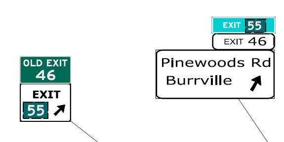 CTDOT sign plan images for renumbering of Pinewoods Road exit on CT 8 North in Winsted, July 2022