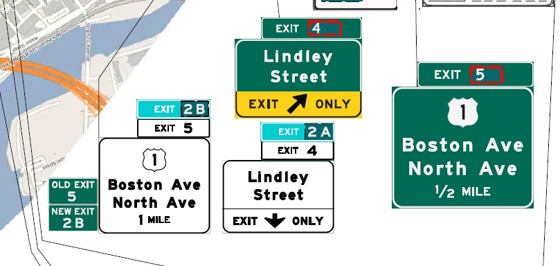 CTDOT plan image of exit renumbering on CT 8 in Bridge;port for new Exits 2 A and B,  July 2022