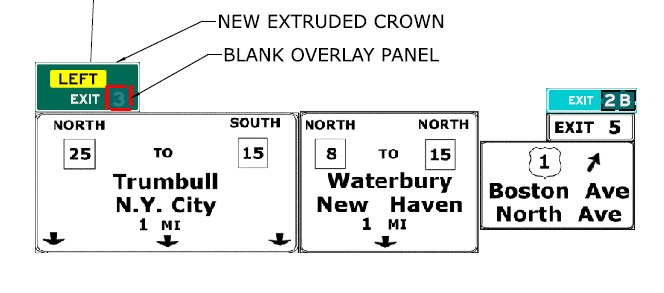 CTDOT sign plan image of new signage and exit number for CT 25 exit on CT 8 north in Bridgeport, July 2022
