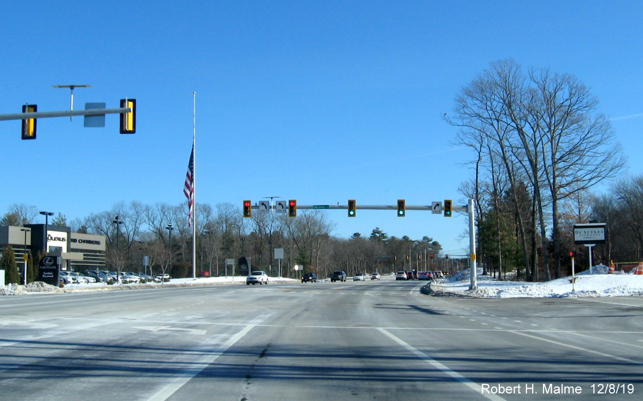 Image of completed new intersection with realigned Old Derby Street from Derby Street heading east in Dec. 2019