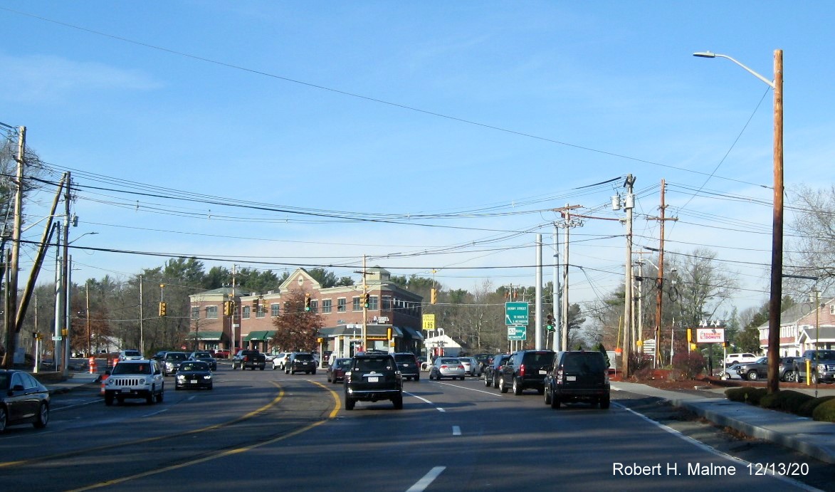 Image of new traffic signal supports being installed on either side of Whiting Street at the Derby Street intersection in Hingham, December 2020