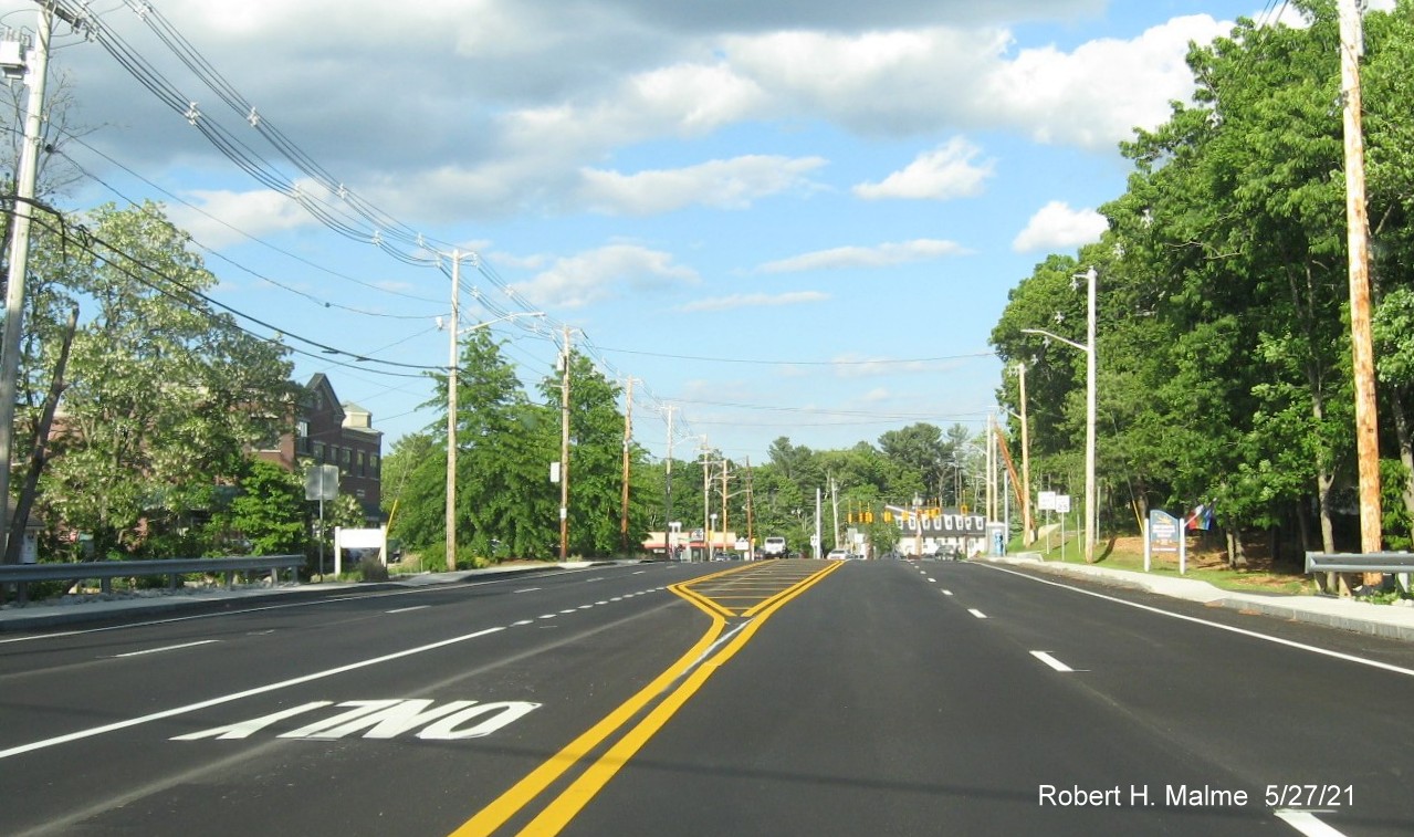 Image of newly repaved Derby Street heading east at Recreation Park Drive intersection in Hingham, May 2021