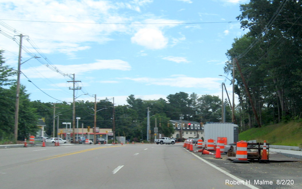 Image of construction equipment still along south side of Derby Street in widened roadway right-of-way, August 2020