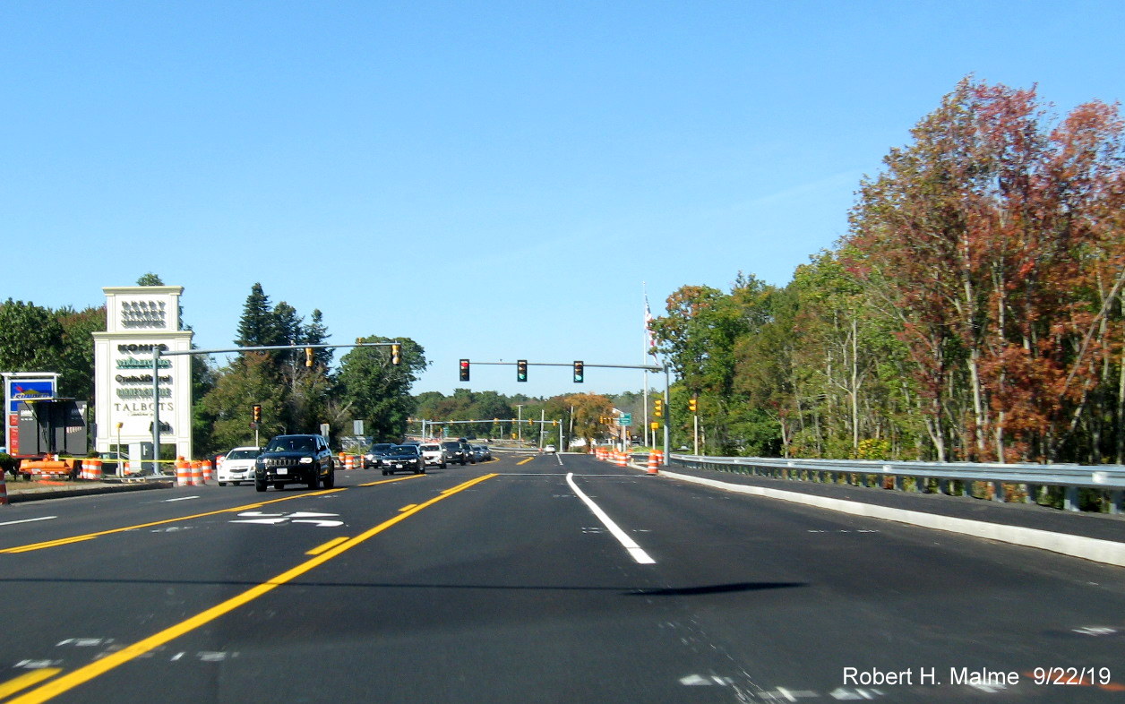 Image of completed initial paving of Derby Street headed west by Derby Street Shoppes entrance in Hingham on Sept. 22, 2019