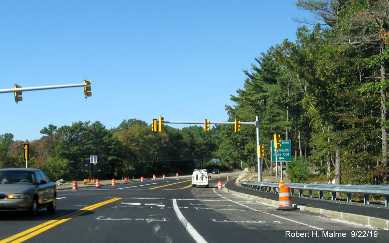 Image of markings on temporary pavement before final paving of Derby Street in Hingham at vicinity of MA 3 South on-ramp on Sept. 22, 2019
