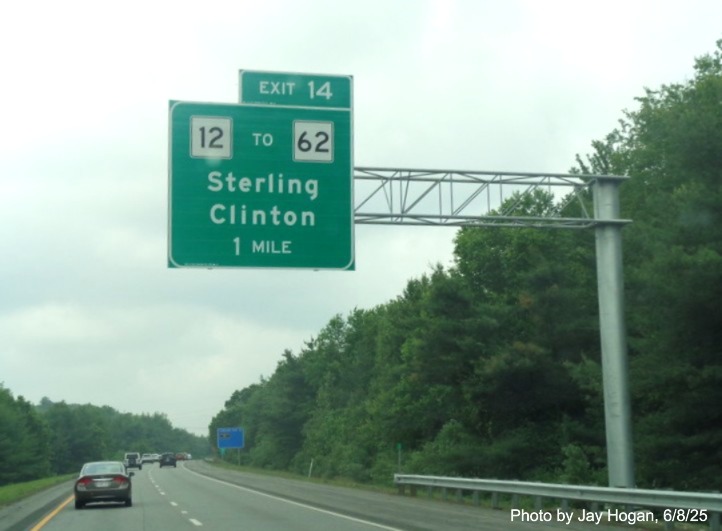 Image of new 1 mile advance overhead sign for the MA 12 exit on I-190 South 
		in Sterling, by Jay Hogan, June 2025