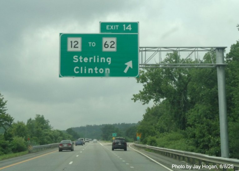 Image of new overhead ramp sign for the MA 12 exit on I-190 South 
		in Sterling, by Jay Hogan, June 2025
