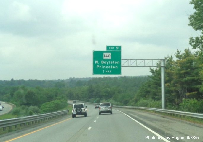 Image of new 1 Mile advance overhead for the MA 140 exit on I-190 South 
		in West Boylston, by Jay Hogan, June 2025