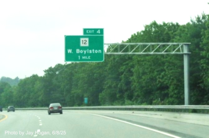 Image of new 1 Mile advance overhead for the MA 12 exit on I-190 South 
		in West Boylston, by Jay Hogan, June 2025