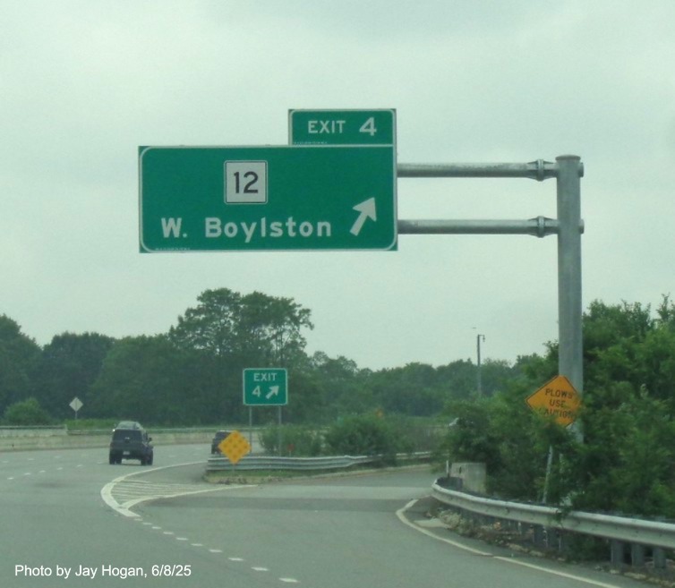 Image of new overhead ramp sign for the MA 12 exit on I-190 South 
		in West Boylston, by Jay Hogan, June 2025