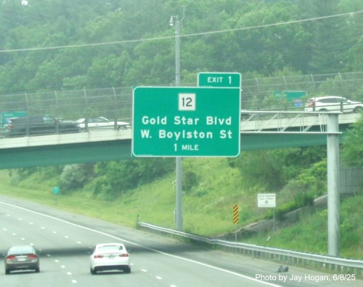 Image of previously installed 1 Mile advance overhead for the MA 12 exit on I-190 South 
		in Worcester, by Jay Hogan, June 2025