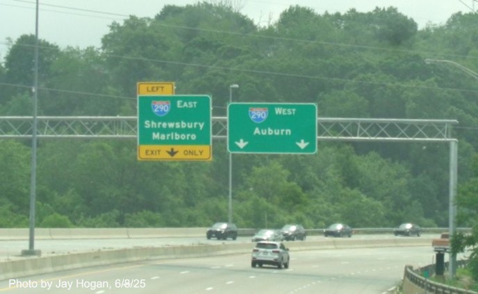 Image of overhead advance signs for the I-290 exits at the end of I-190 South 
		in Worcester, by Jay Hogan, June 2025