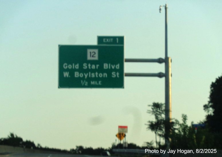Image of new 1/2 mile advance overhead sign for the MA 12 exit on I-190 North 
		in Worcester, by Jay Hogan, August 2025