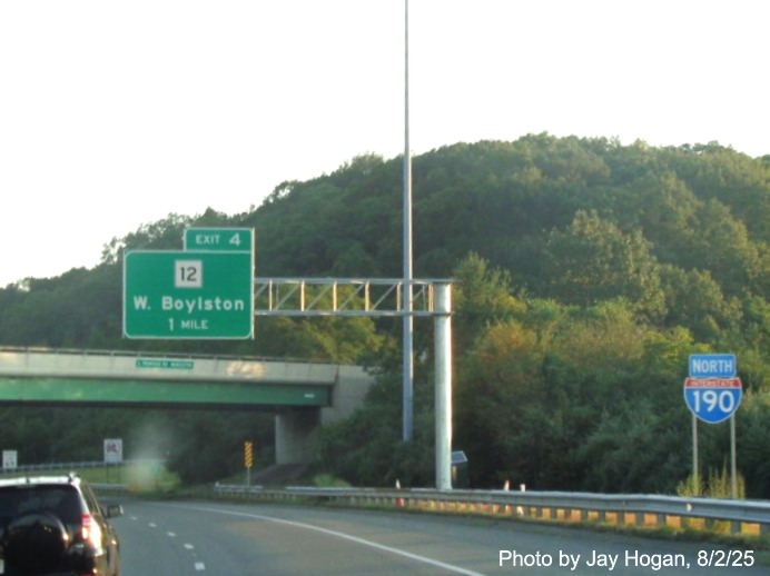 Image of new 1 mile advance sign for the MA 12 exit on I-190 North 
		in West Boylston, by Jay Hogan, August 2025