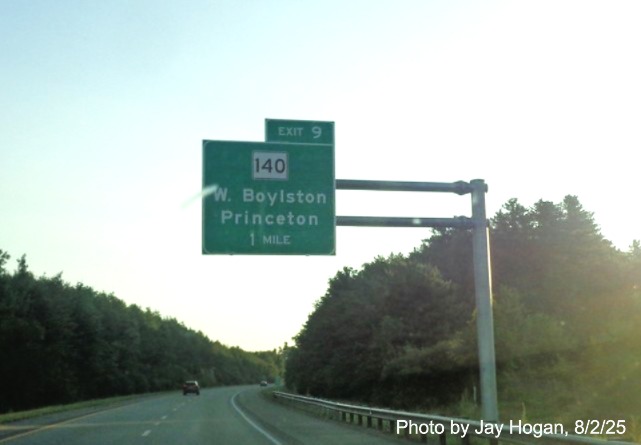 Image of new 1 mile advance sign for the MA 140 exit on I-190 North 
		in West Boylston, by Jay Hogan, August 2025